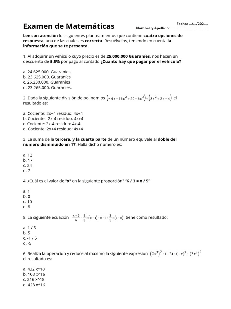 Examen de Matemáticas: Problemas y Soluciones | PDF | Geometría ...