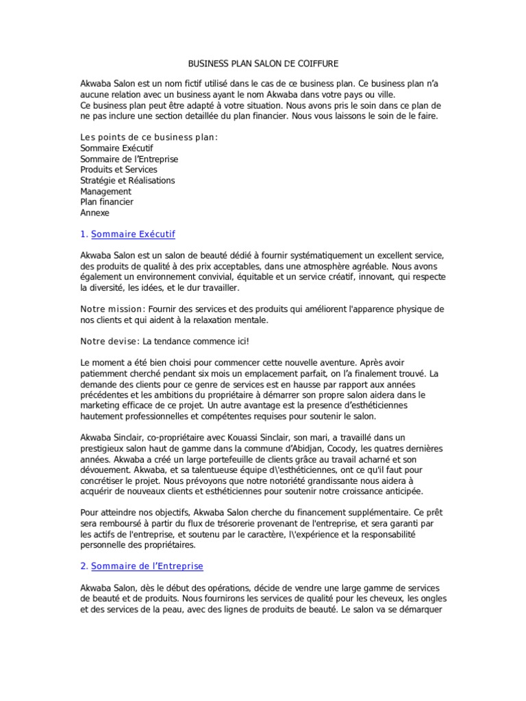 exemple de business plan salon de coiffure pdf