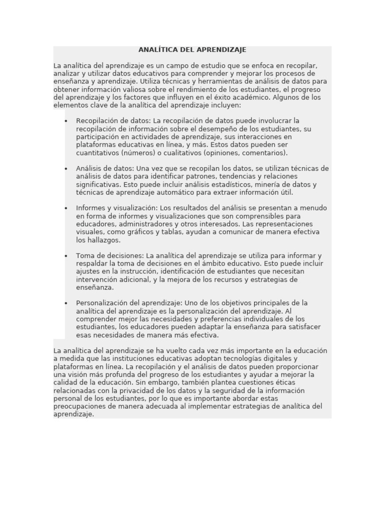 Analítica del Aprendizaje en Educación | PDF | Análisis de los datos ...