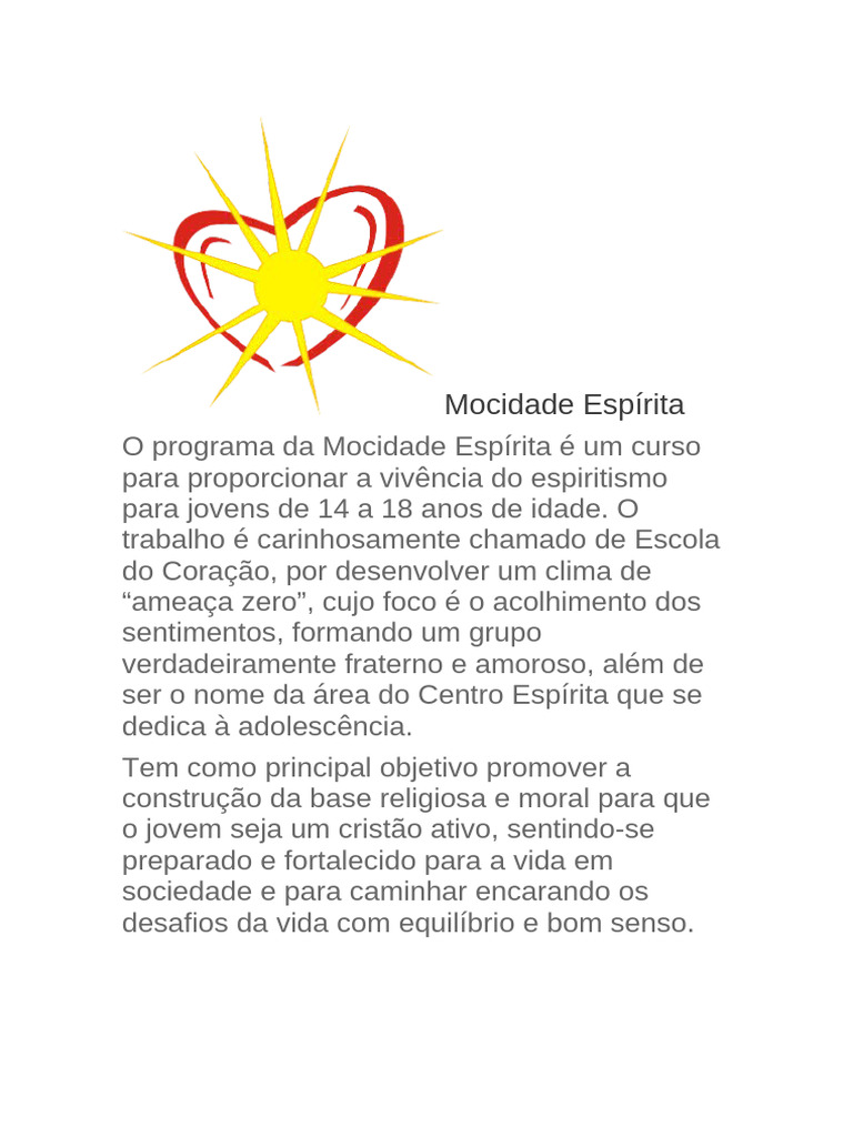 Mocidade Espírita 1 Aula o Que É Mocidade Escola Do Coracao | PDF ...