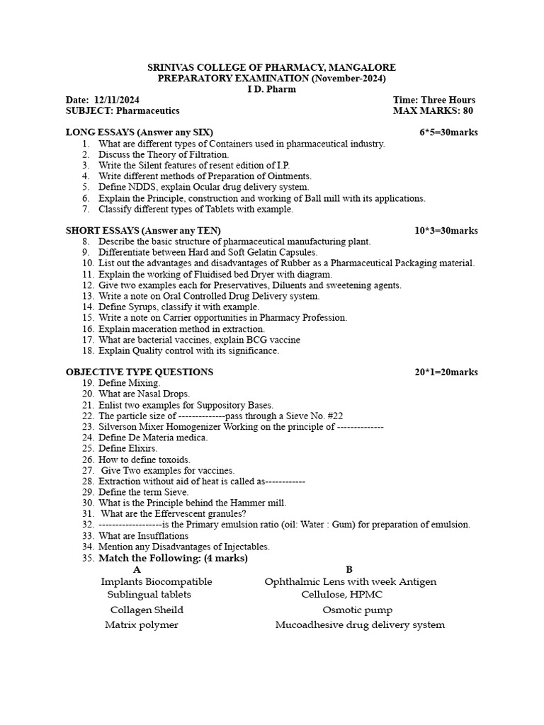 Pharmaceutics Preparatory Exam 2024 | PDF | Tablet (Pharmacy) | Pharmacy