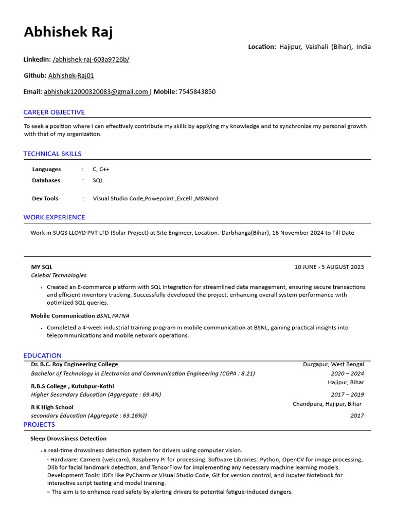 Abhishek Raj: Electronics Engineer Profile | PDF | Sql | Computer Science