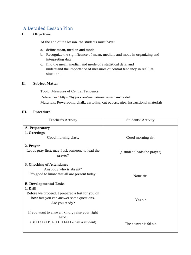 Measures of Central Tendency Lesson Plan | PDF | Mode (Statistics) | Mean