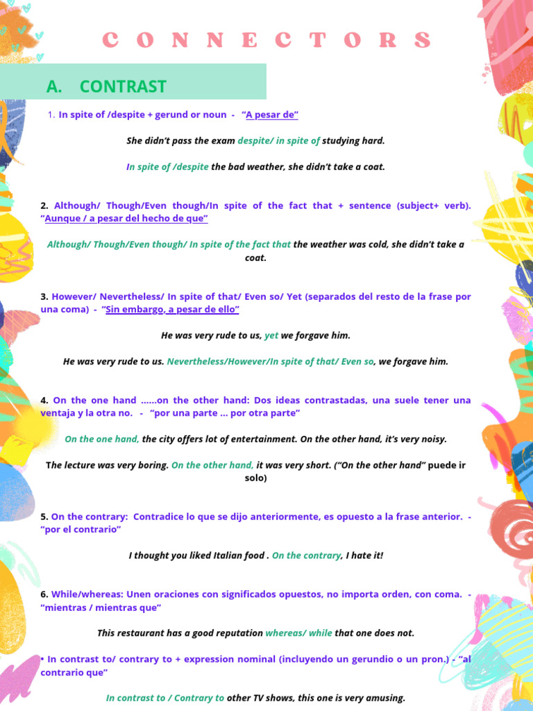 English Connectors for Contrast and Reason | PDF | Semantic Units ...