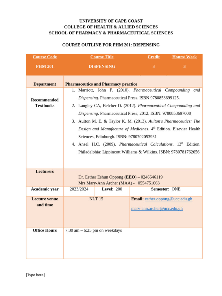 PHM 201: Dispensing Course Outline | PDF | Pharmacy | Dose (Biochemistry)