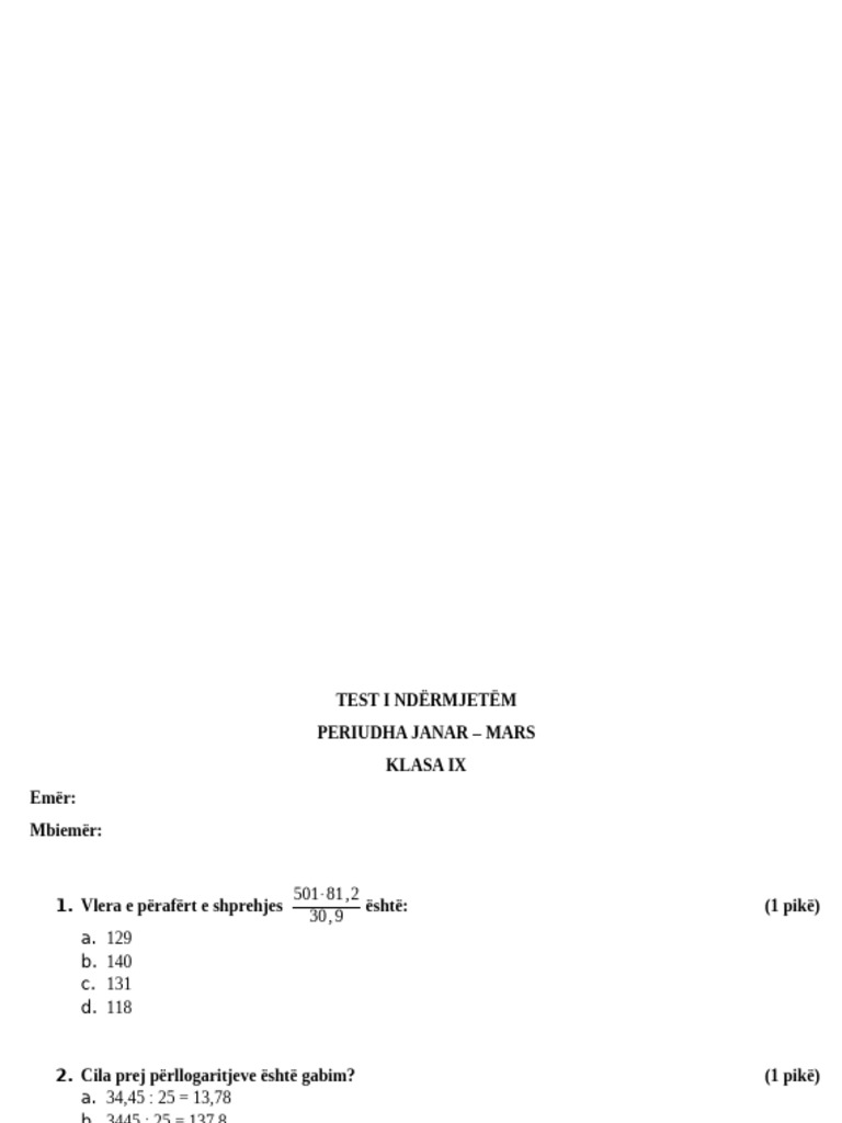 Matematika 9 - Teste Me Bluprint Te Ndermjetme 2023-2024 | PDF
