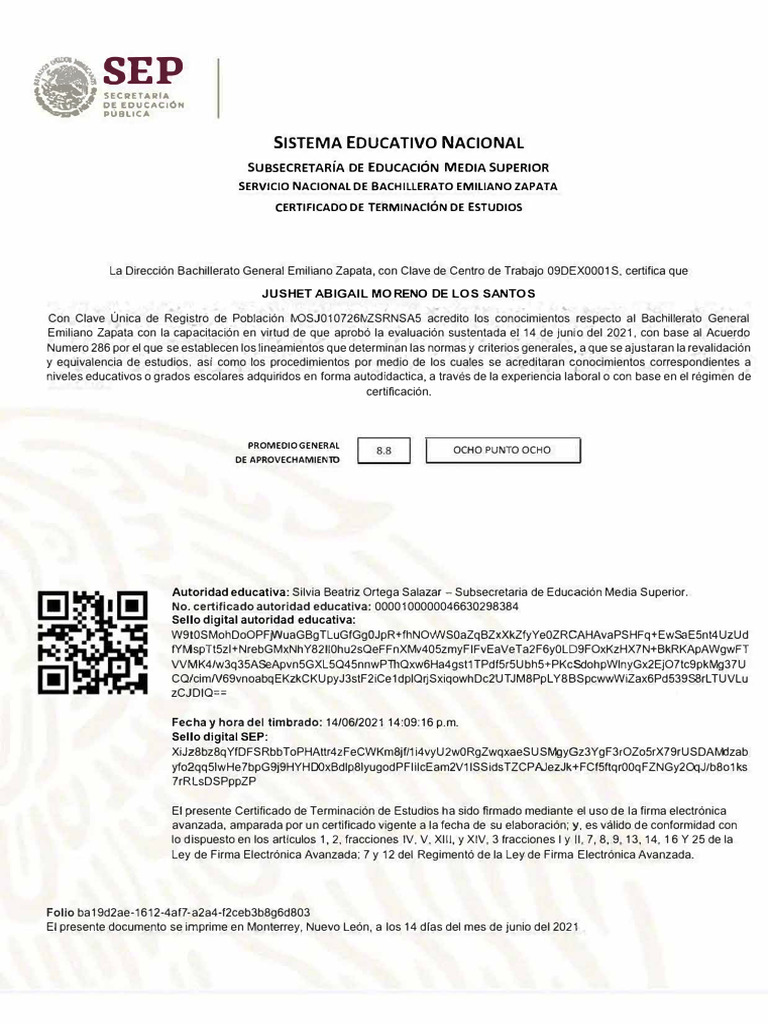 Certificado de Bachillerato SEP 2021 | PDF