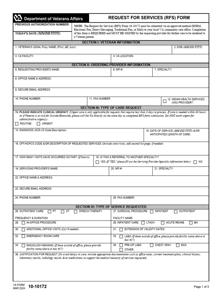 VA Form 10-10172: Request for Services | PDF | Diseases And Disorders ...
