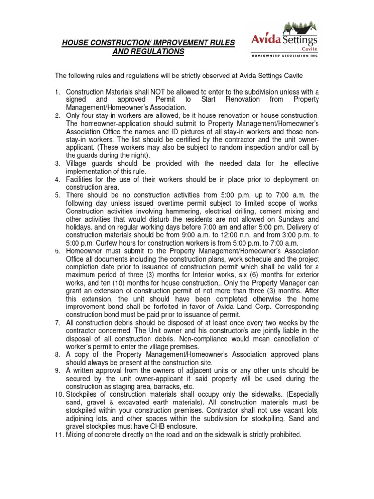 Avida Settings Cavite Construction Rules | PDF