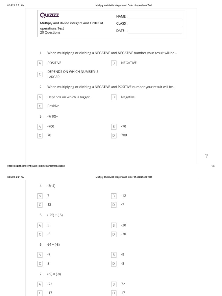 Integer Operations and Test Quiz | PDF | Multiplication | Mathematics