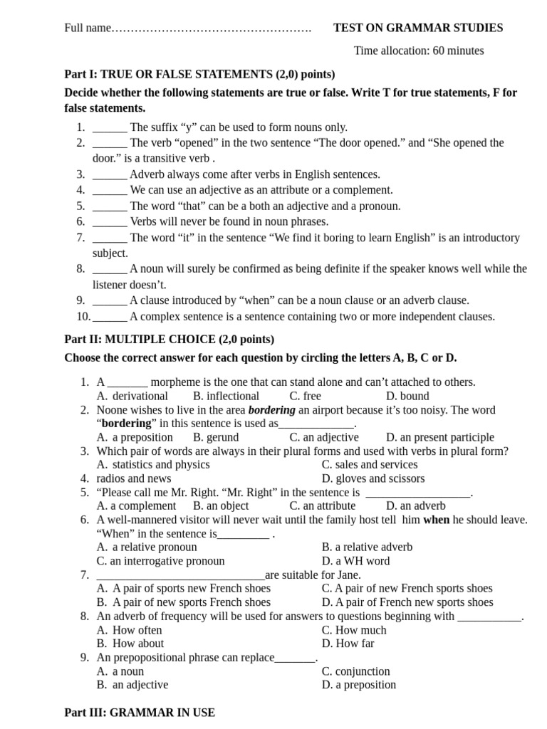 Grammar Test Dhanh 22 Nhom 14 | PDF | Verb | Adverb