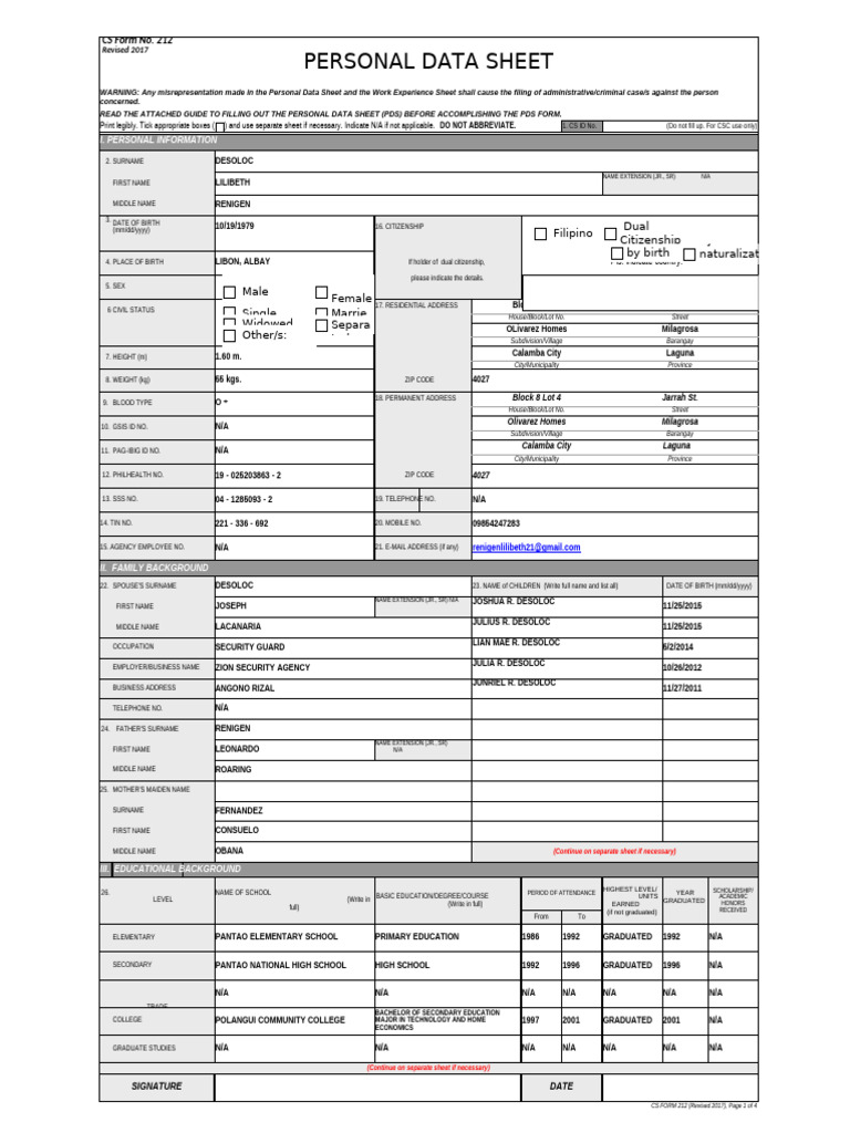 032117 Cs Form No. 212 Revised Personal Data Sheet_new Finale | PDF ...