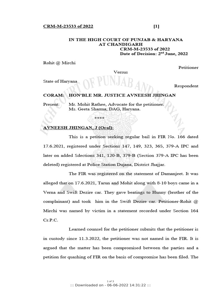 Bail Petition Dismissal in Abduction Case | PDF | Bail | Common Law