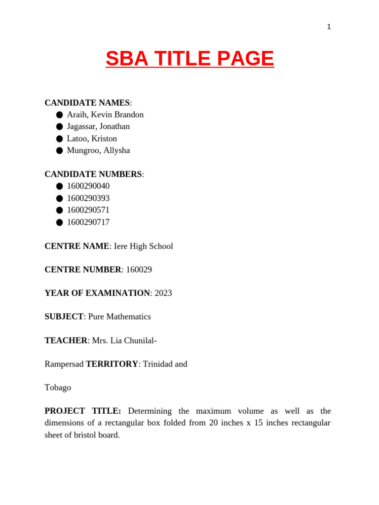 PURE MATHEMATICS SBA | PDF | Volume | Equations