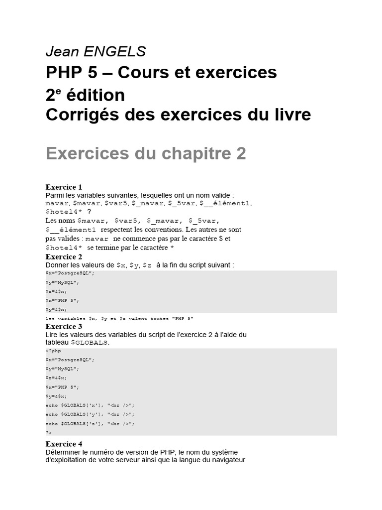 Corrigés des exercices PHP 5 - 2e édition | PDF | XHTML | Html