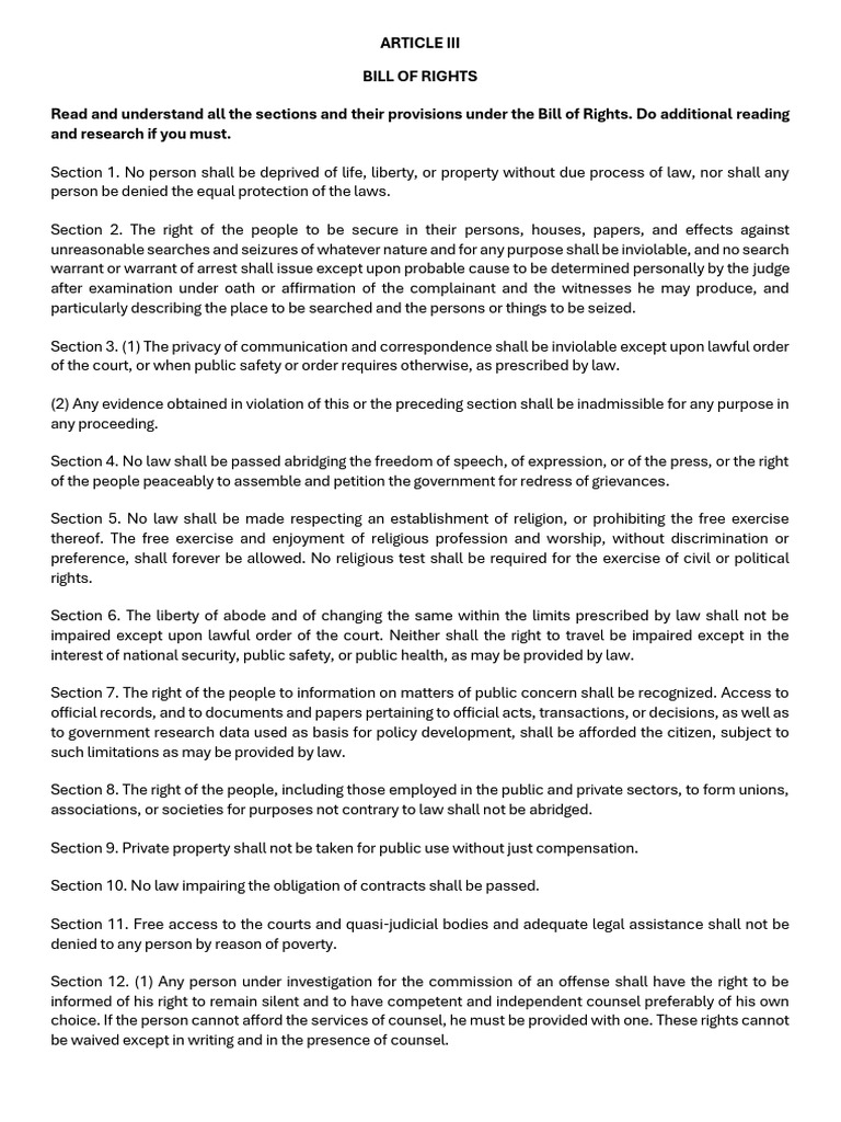 ARTICLE III Bill of Rights | PDF | Search And Seizure | United States ...