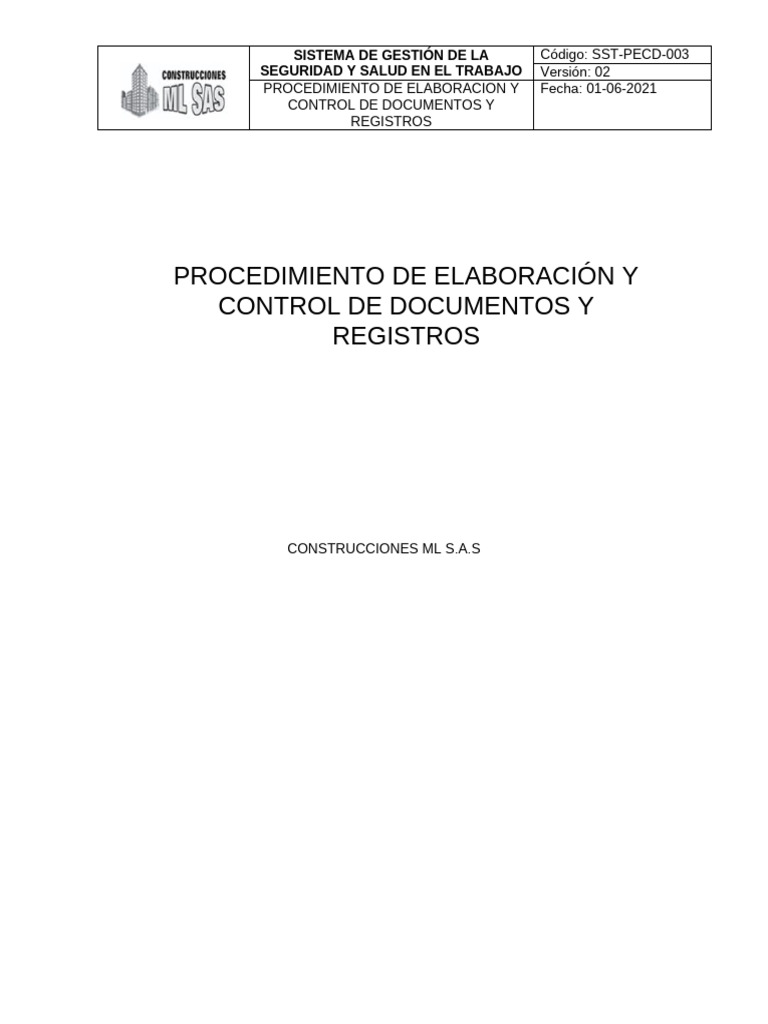 Procedimiento de Elaboración y Control de Documentos y Registros | PDF ...
