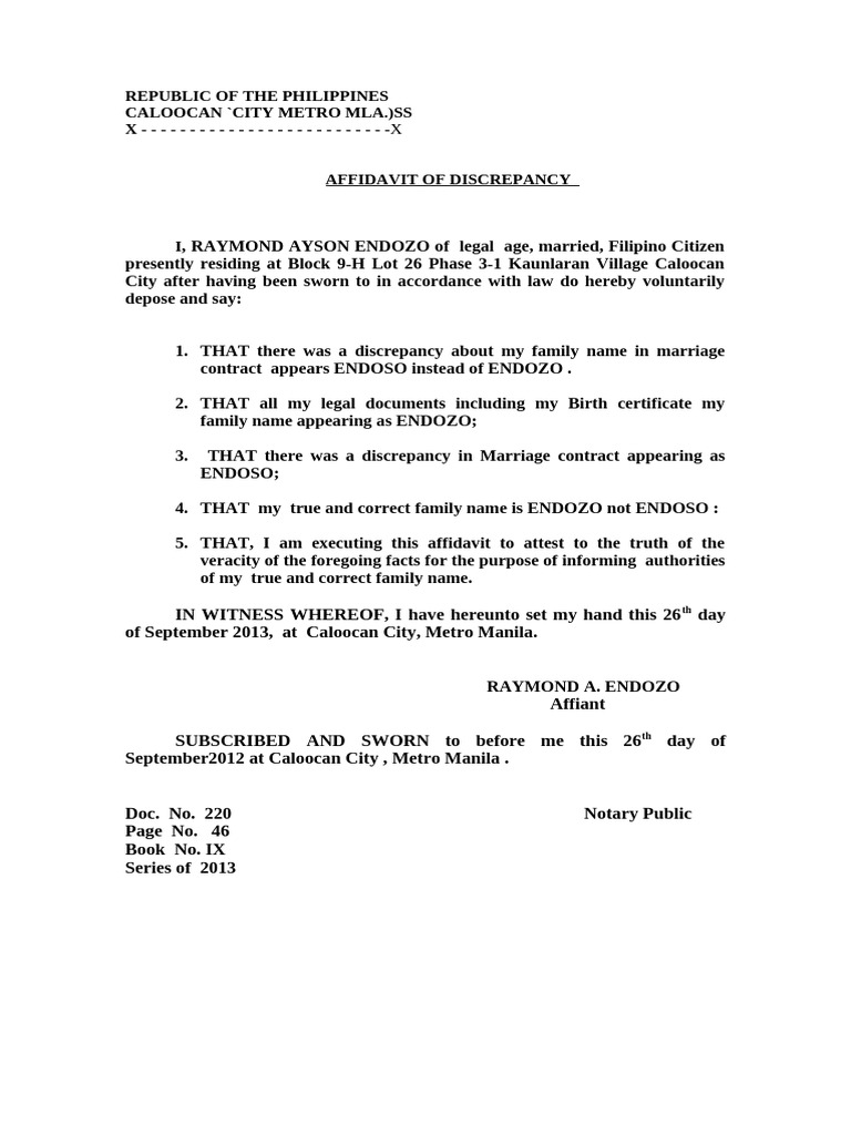 Affidavit of Name Discrepancy ENDOZO | PDF
