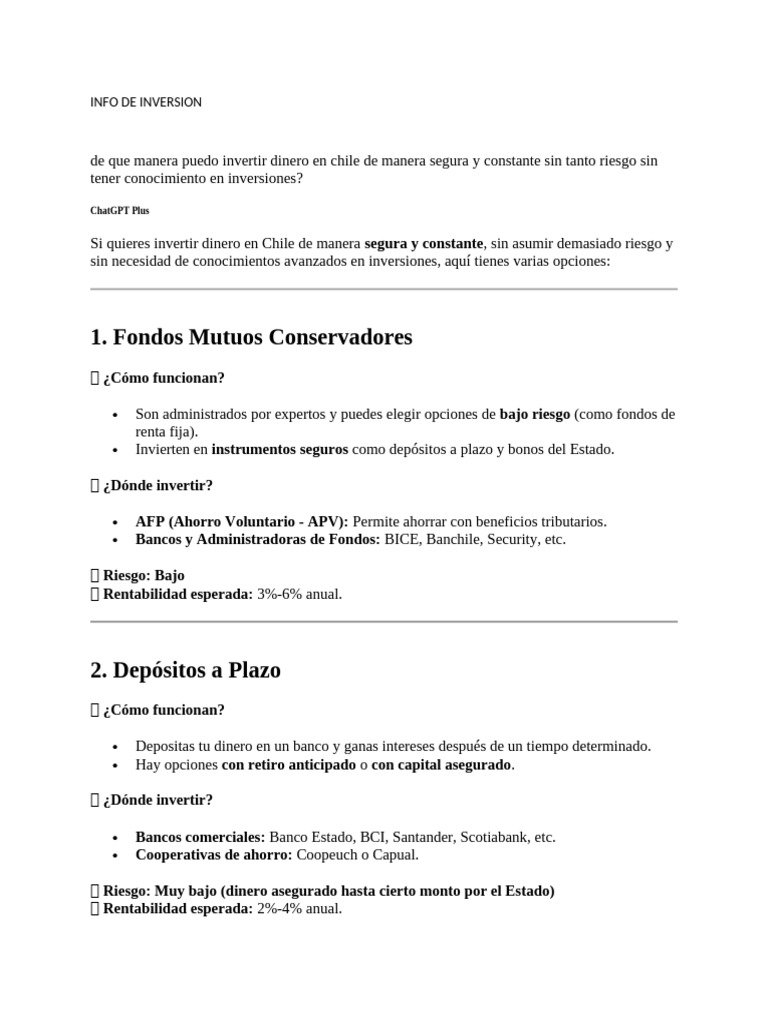 Inversiones Seguras en Chile | PDF | Fondo de inversión | Bancos
