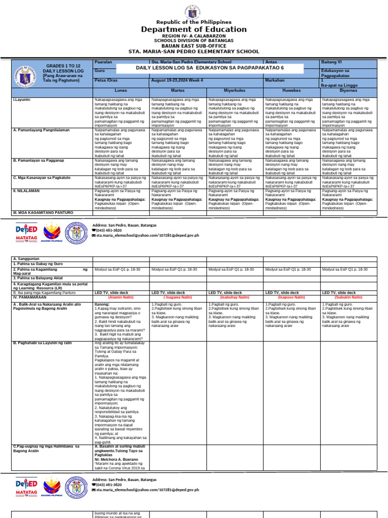 EsP 6 DLL Q1 Week 4 | PDF