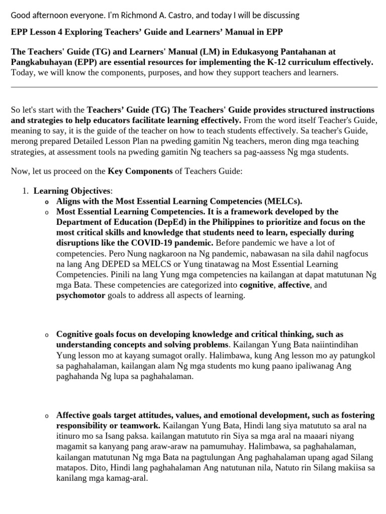 EPP Learners' Manual Overview | PDF | Differentiated Instruction ...