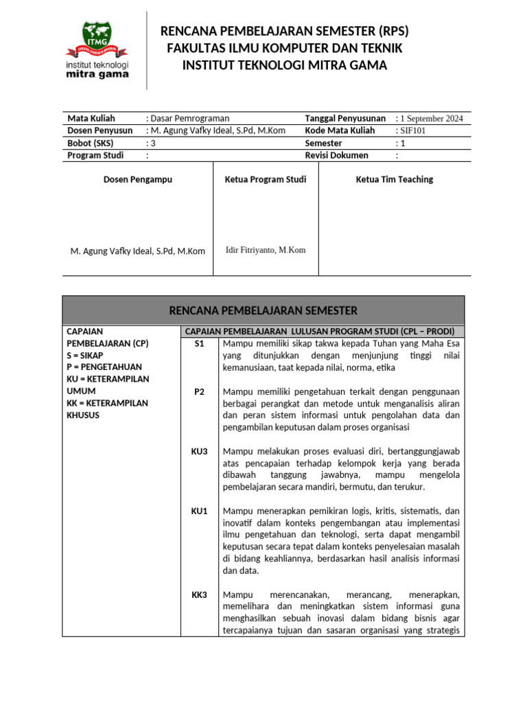 RPS Dasar Pemrograman SIF101 IT Mitra Gama | PDF