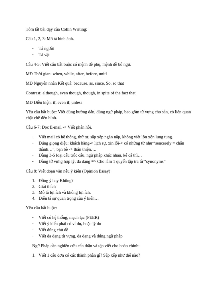 Tóm tắt bài dạy của Collin Writing | PDF