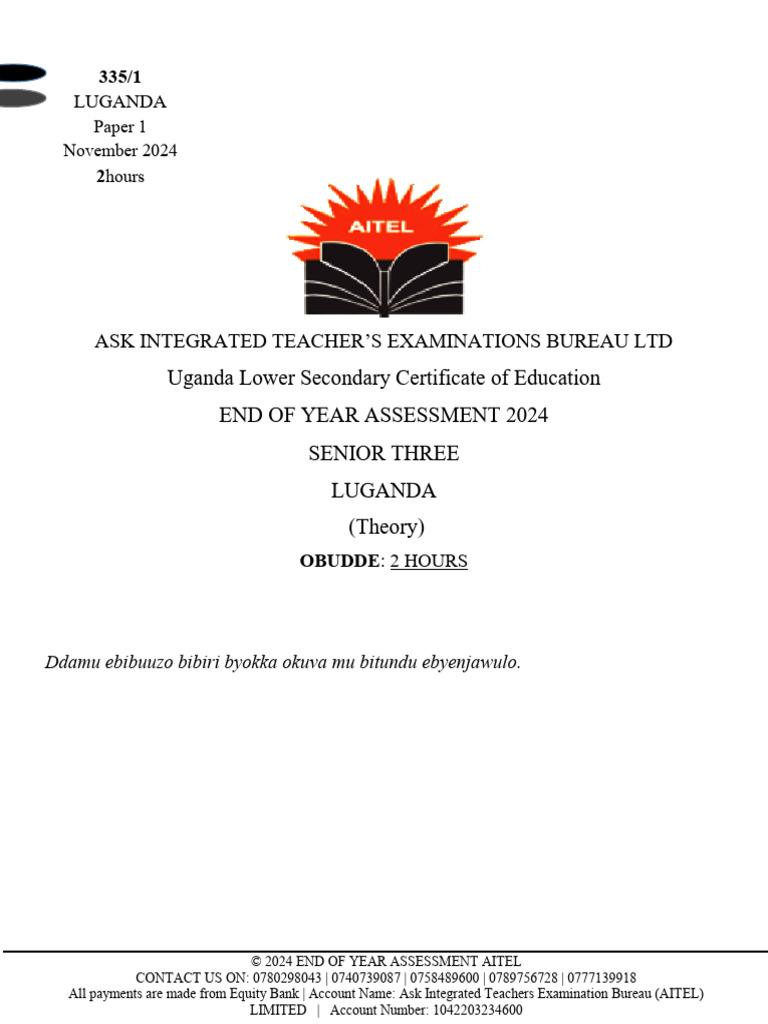 Senior Three Luganda Assessment 2024 | PDF