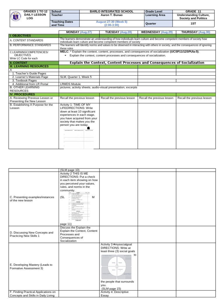 Grade 11 Social Sciences Lesson Plan | PDF | Socialization | Learning