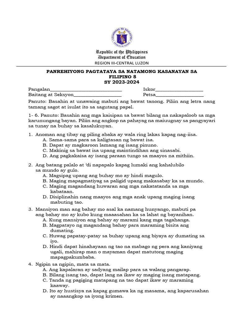 FILIPINO8 RAT 2024 Finalized | PDF