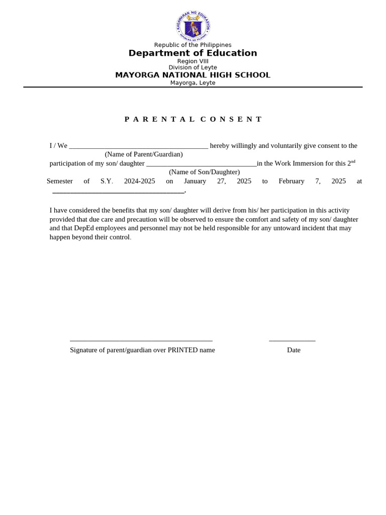 Parent Consent for Work Immersion Program | PDF