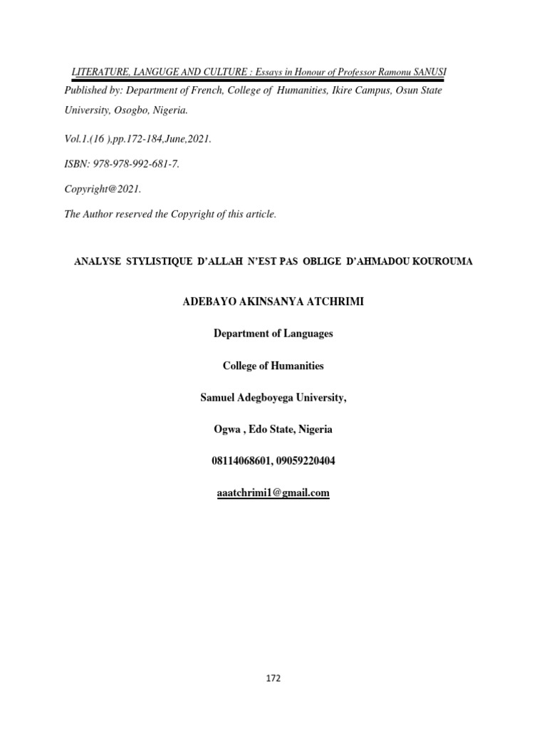 Analyse Stylistique Dallah Nest Pas Obli | PDF | Phrase | Sujet (Grammaire)