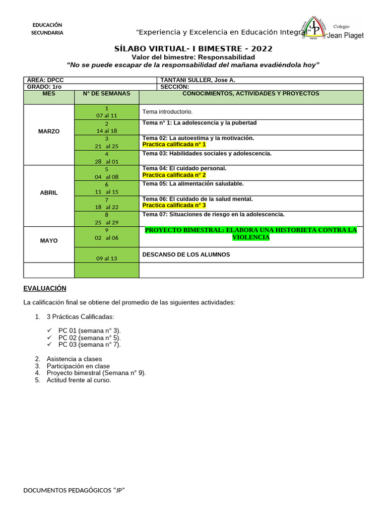 Sílabo Virtual 1ro DPCC - I Bimestre 2022 | PDF