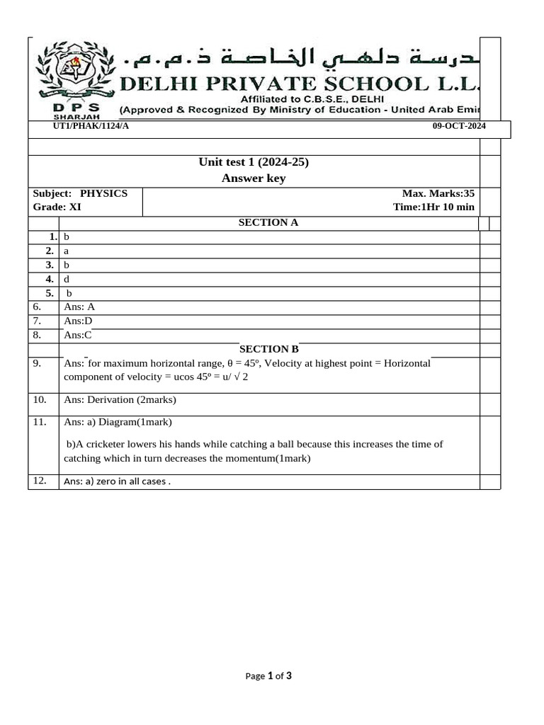 Unit Test 1 (2024-25) Answer Key: Subject: PHYSICS Grade: XI Max. Marks ...