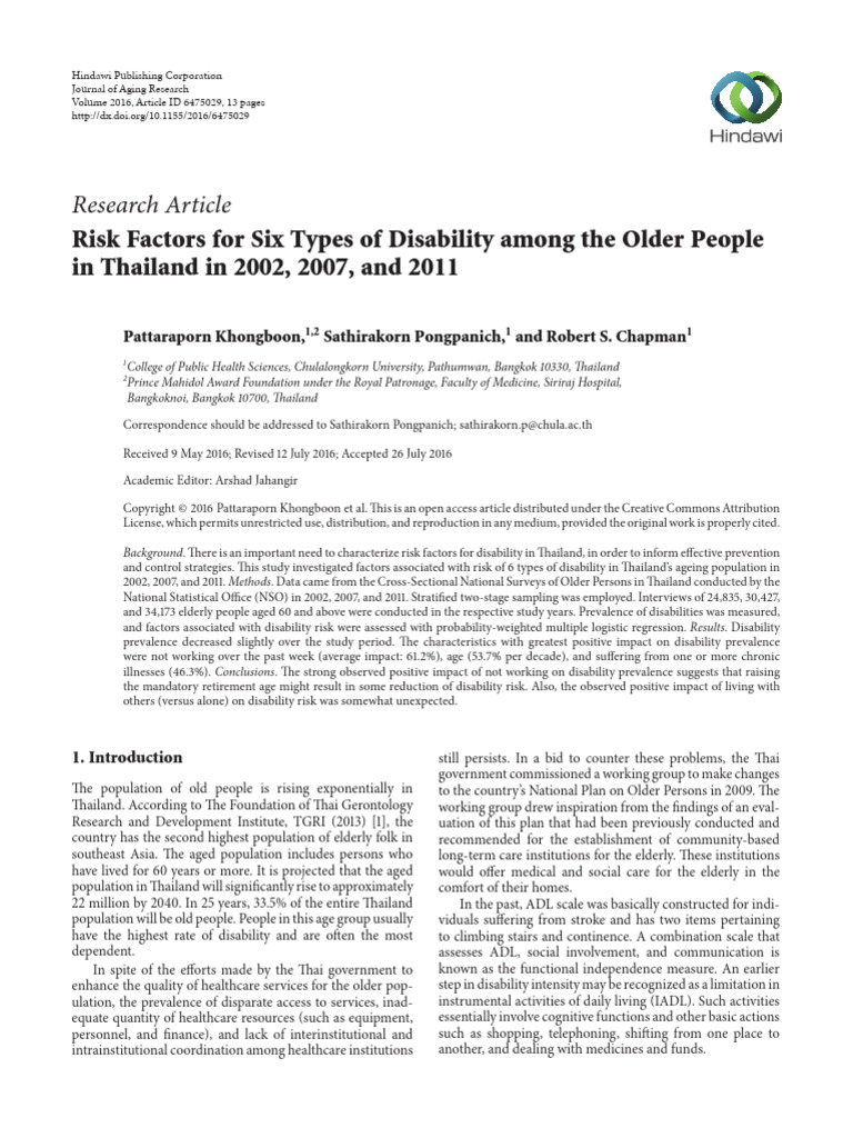 Research Article: Risk Factors For Six Types of Disability Among The ...