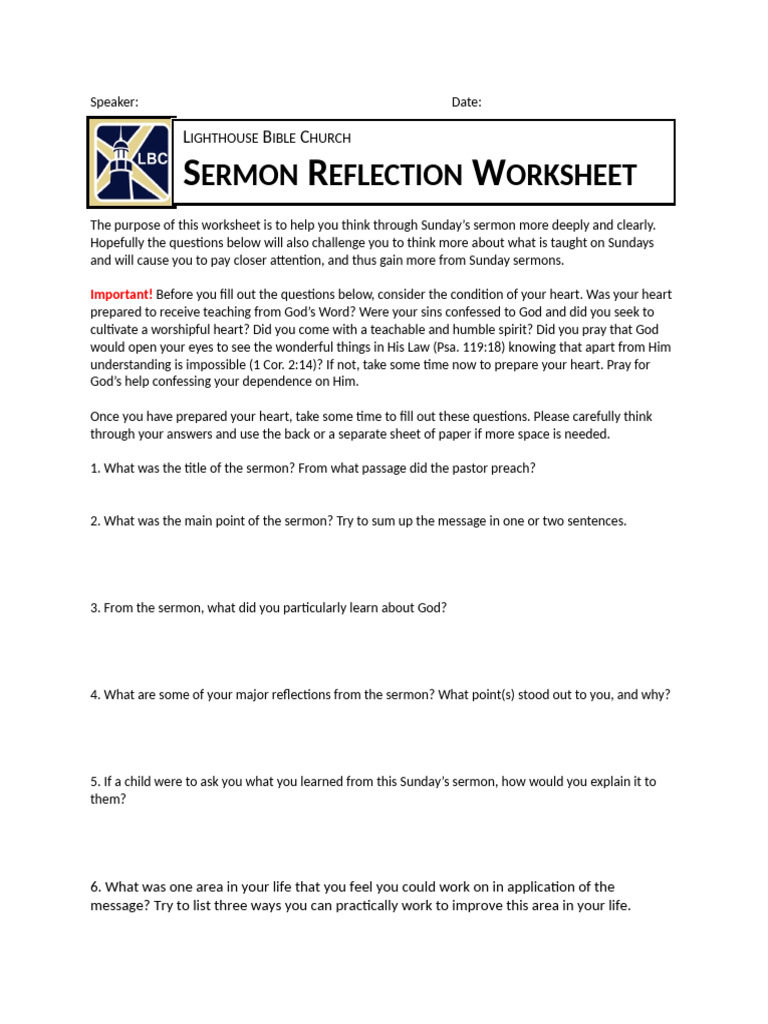 Sermon Reflection Worksheet | PDF