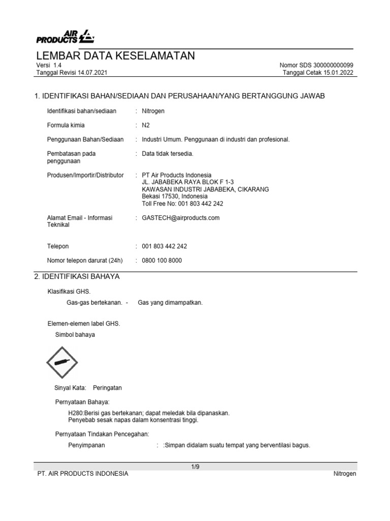 Lembar Data Keselamatan Nitrogen N2 | PDF