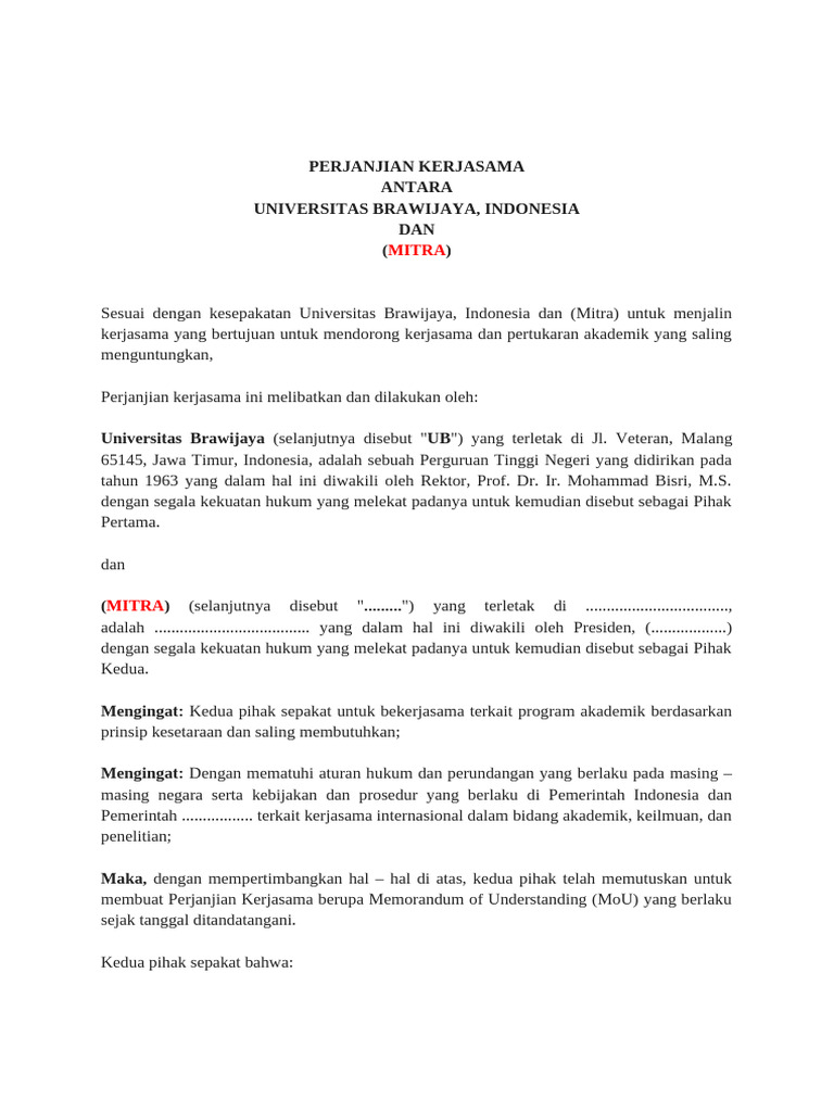 Perjanjian Kerjasama Universitas Brawijaya | PDF