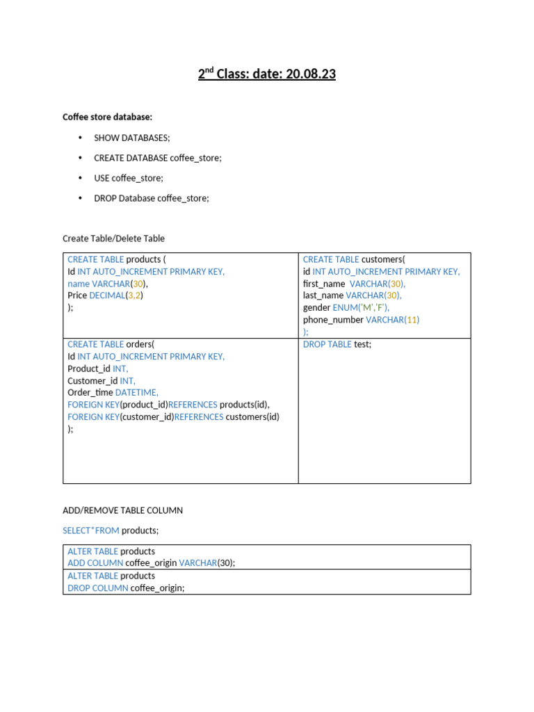 Coffee Store Database - 2nd 3rd Class - 28.08.23 | PDF | Databases ...