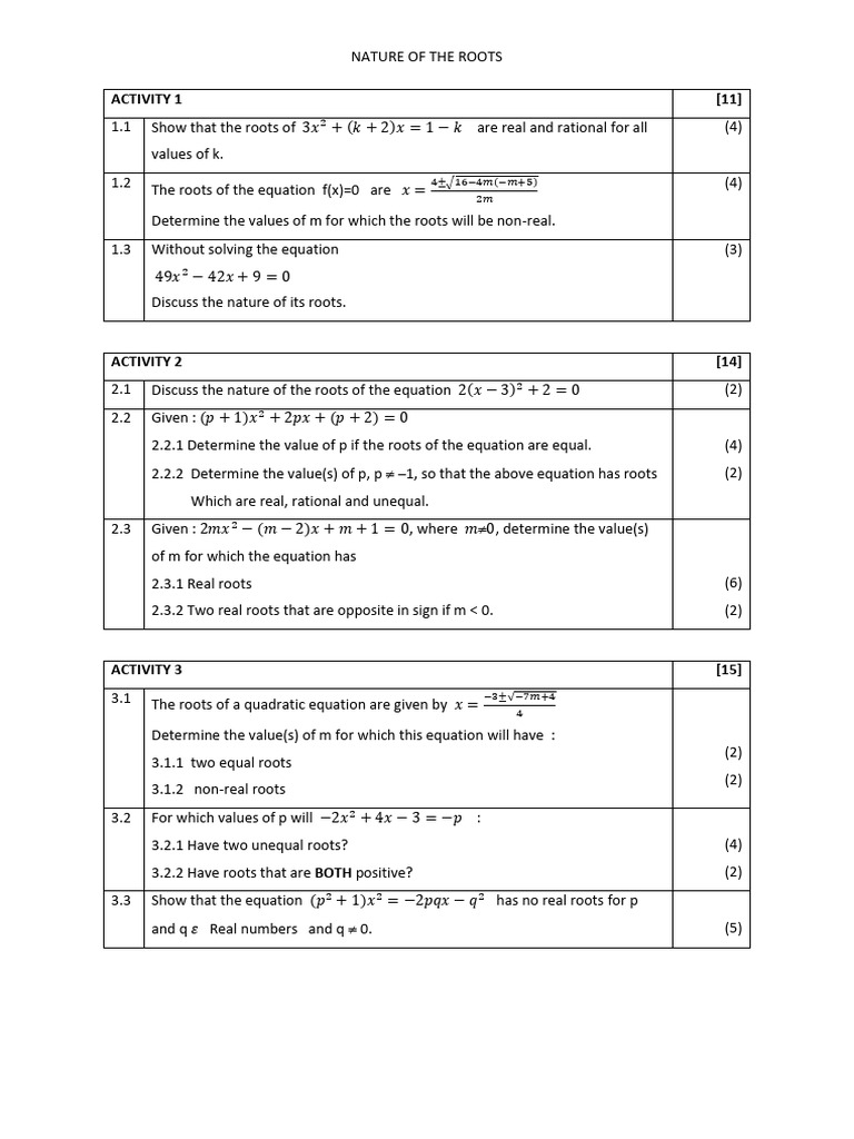 Nature of The Roots Activites | PDF | Equations | Mathematics