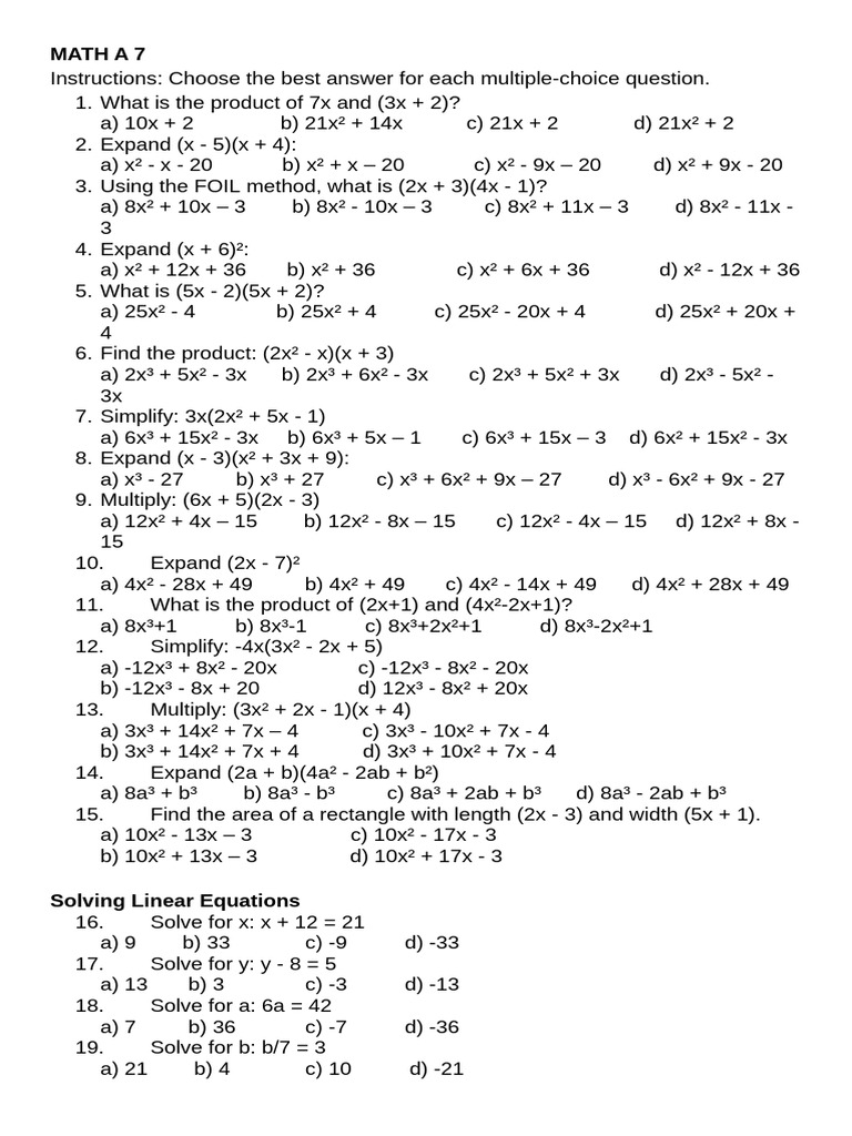 Math A 7: Multiple Choice Questions | PDF | Inequality (Mathematics ...