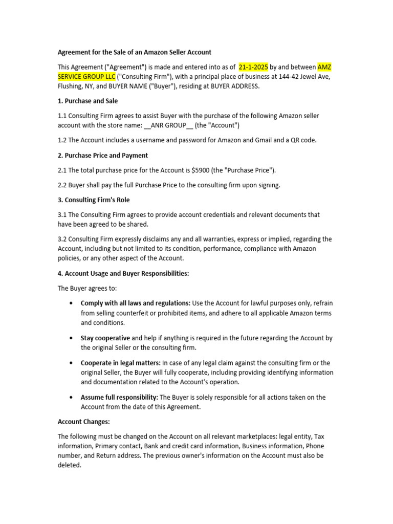 Buyer Agreement For The Sale of An Amazon Seller Account Signed | PDF ...