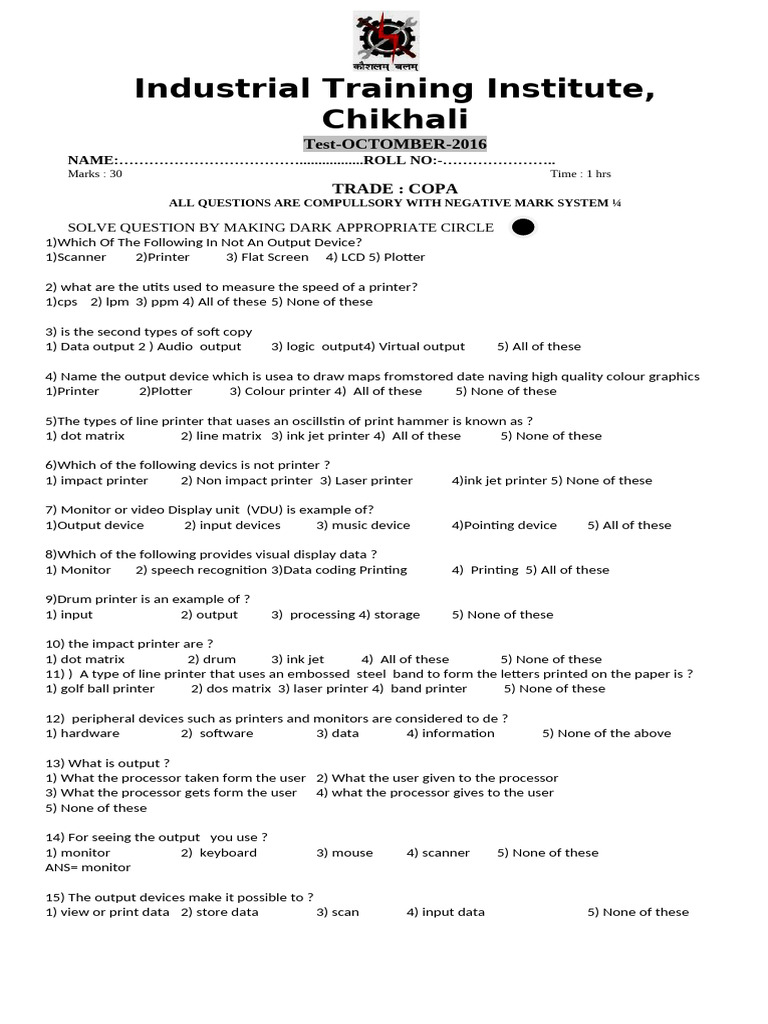 COPA Trade Output Devices Exam 2016 | PDF | Printer (Computing) | Input ...