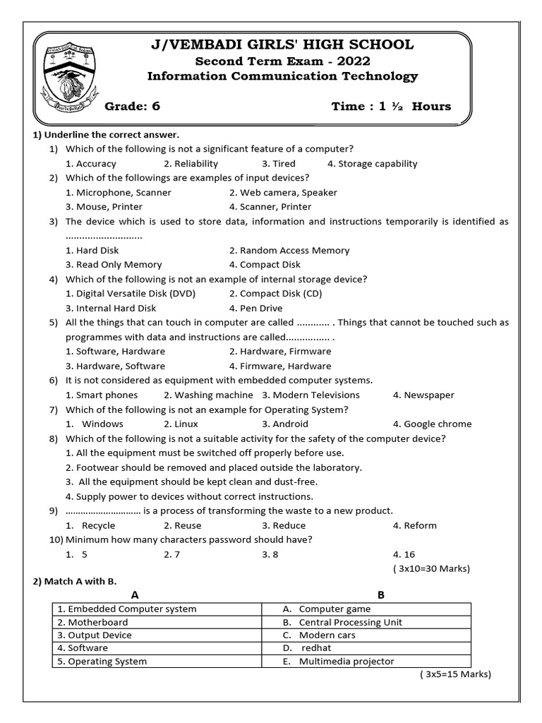 Computer Basics Quiz for Grade 6 | PDF | Computer Hardware | Computer ...