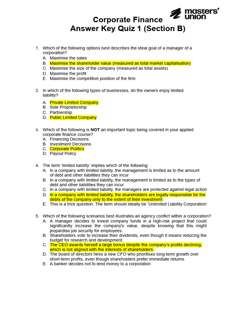 Corporate Finance Quiz Answer Key | PDF | Bonds (Finance) | Dividend