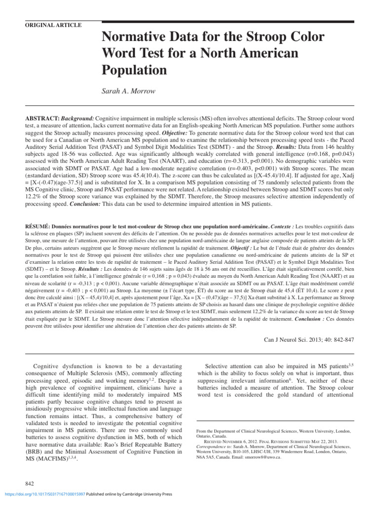 Normative Data for Stroop Test in MS | PDF | Mental Chronometry | Attention