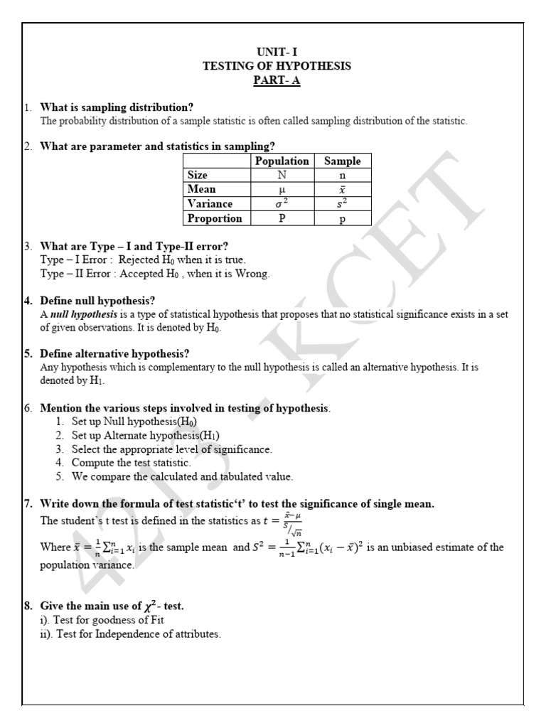 Unit - 4 Testing of Hypothesis | PDF | Errors And Residuals | Analysis ...