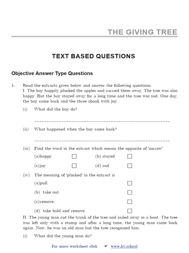 The Giving Tree: Class 4 Worksheet | PDF