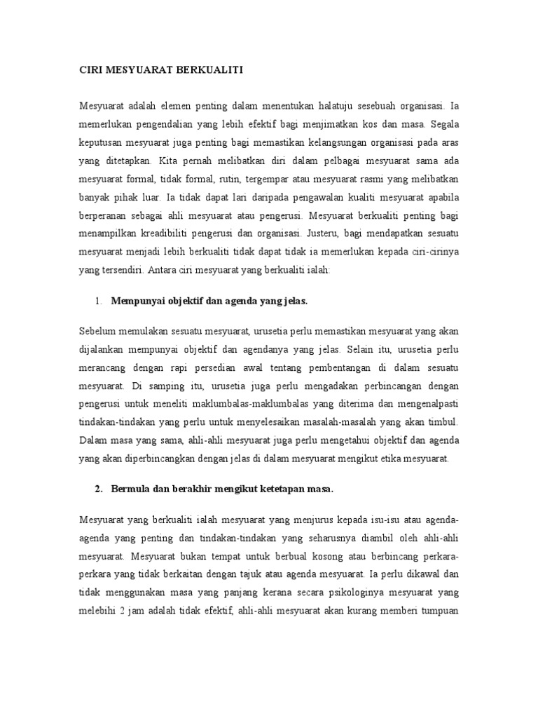 Ciri Mesyuarat Berkualiti Pdf
