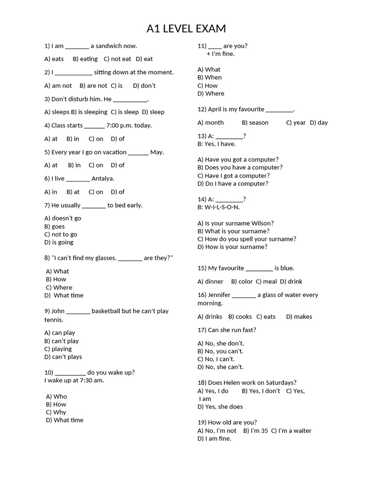 A1 Level English Exam Questions | PDF | Cuisine
